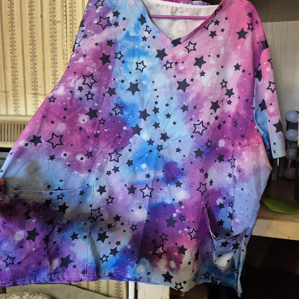 Galaxy Star Print Scrub Top in Pink, Purple & Blue